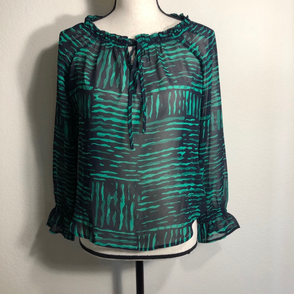 Ann Taylor Loft Sheer Ruffled Blouse Green Black